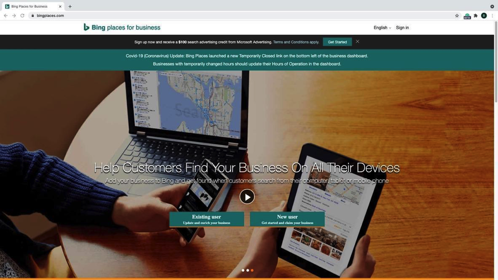 Bing - Step 1 - Bing places title menu showing a laptop, cellphone, and tablet. The text overlay is “Help Customers Find Your Business On All Their Devices