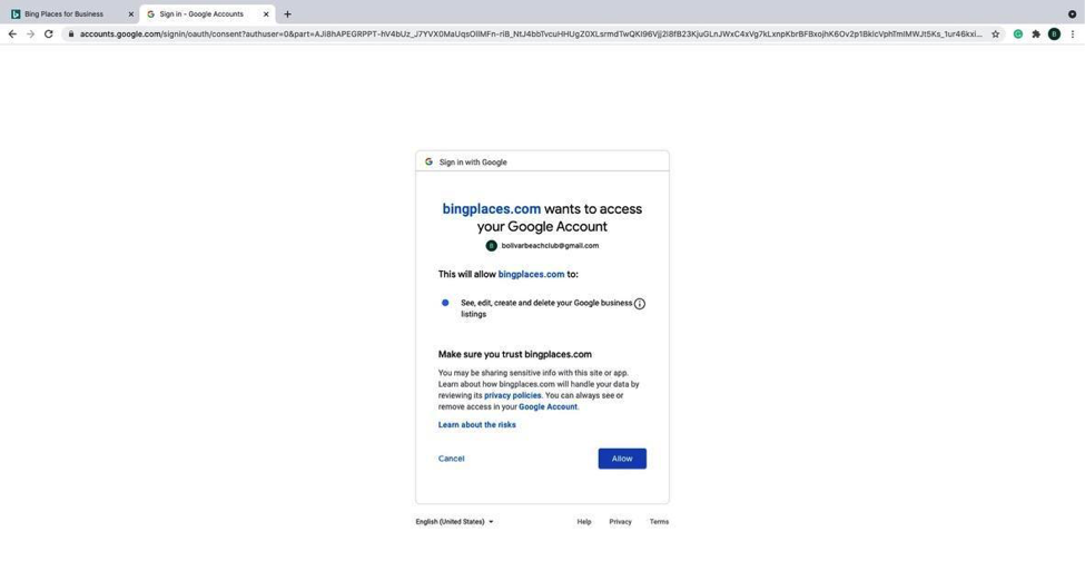 Bing - Step 3 - Screenshot of pop-up window asking to allow access to Google Account