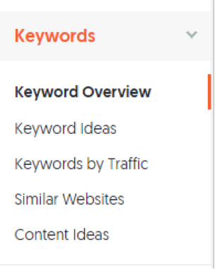 Keywords menu panel of Ubersuggest with “Content Ideas” at the bottom.