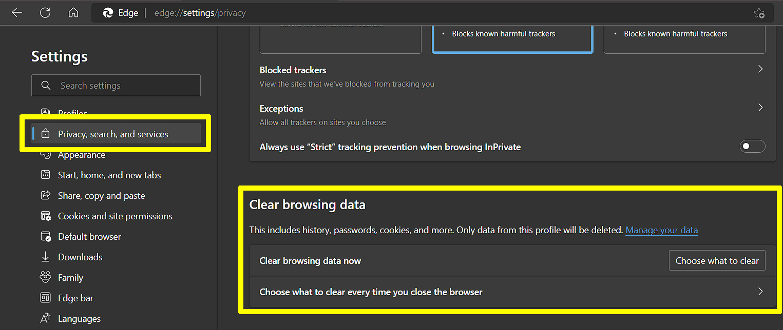 Clearing Microsoft Edge Browser Cache